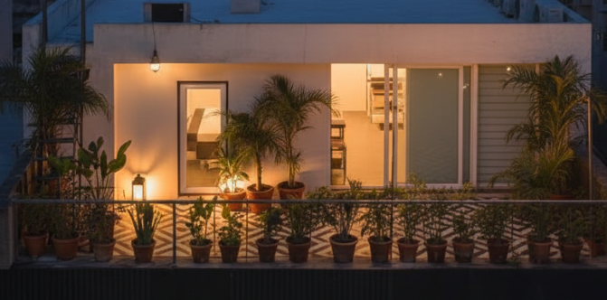 The Residence at Night — Aspiro Living, premium girls PG in Karol Bagh